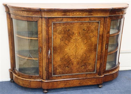 A late Victorian marquetry inlaid figured walnut credenza W.164cm